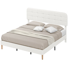 Queen Size Bed Frame with Adjustable Headboard Upholstered Platform Bed Frame with Wood Slat Support Noise Free White