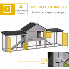 Large Rabbit Hutch Wood Bunny Cage Outdoor Guinea Pig House with Double Runs Slide Out Tray Ramps, 83"x18"x33", Natural