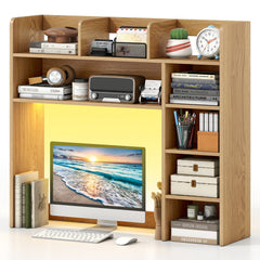Desktop Bookshelf with LED Lights 35.5 inch Desk Hutch Storage Organizer-Natural