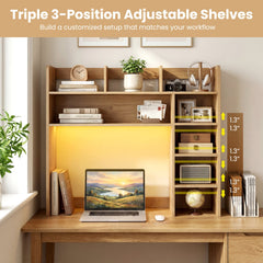 Desktop Bookshelf with LED Lights 35.5 inch Desk Hutch Storage Organizer-Natural