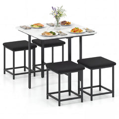 Dining Table Set with 4 Upholstered Stools and Metal Frame-White