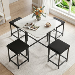 Dining Table Set with 4 Upholstered Stools and Metal Frame-White