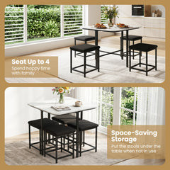 Dining Table Set with 4 Upholstered Stools and Metal Frame-White