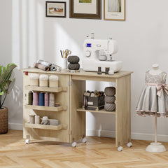 Sewing Machine Cabinet, Folding Sewing Table with Storage Shelf, Bins and Lockable Wheels for Small Space, Brown