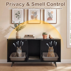 Double Cat Litter Box Enclosure for 2 Cats with Scratching Pad and Double Rooms-Black
