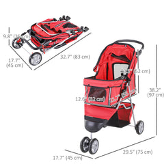 3 Wheels Foldable Dog Stroller with Storage Basket, Adjustable Canopy, Cupholder for Miniature and Small Dogs, Red
