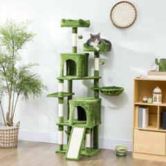 Cat Tree, 70" Multi-Level Cat Tower with 2 Condos, 2 Perches, Hammock, Toy Balls, Scratching Posts and Board, Dark Grey