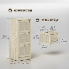 2 Drawer Filing Cabinet with Lock, Boho File Cabinet for A4 Letter Size Files with Decorative Rattan Accents, Oak