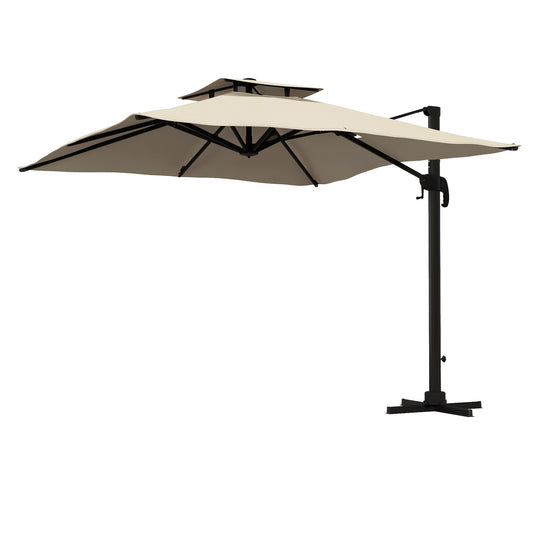 10ft Square Cantilever Patio Umbrella, 360° Rotating Overhanging Umbrella with Cross Base, Crank Handle, Khaki