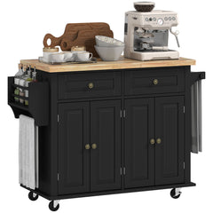 Kitchen Island with Storage, Rolling Trolley Cart with Rubber Wood Top, Spice Rack, Towel Rack, Brown Oak
