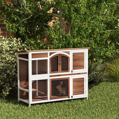 Two-Tier Wooden Rabbit Hutch with Openable Roof, Slide-Out Tray