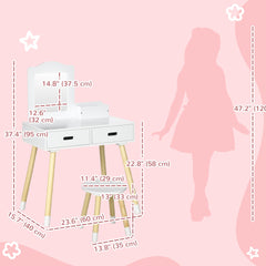 Kids Vanity Set with Mirror and Stool, Makeup Dressing Table with Drawers for Children Aged 3-6 Years, White