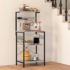 Kitchen Baker's Rack with Power Outlet, Coffee Bar Station with Adjustable Shelves and Hooks, Distressed Grey