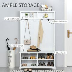 64.5" H Hall Tree with Storage Drawer & Top Shelf, Coat Rack Wooden Entryway Storage Bench Hall Tree Hallway Clothes Bag Coat Rack 4 Hooks, White