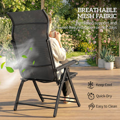 Folding Patio Chairs Set of 2, 5-Position Outdoor Lounge Chairs with High Back, Retractable Footrest, Black