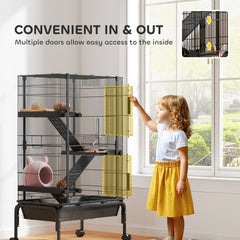 47"H Ferret Cage, Large 4-Tier Guinea Pig Cage with Wheels, Ramps, Bowl, Water Bottle & Removable Tray, Black
