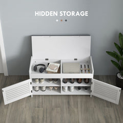 Entryway Bench with Cushion, Hidden Storage, Adjustable Shelves and Shutter Doors, 35.4" Shoe Bench, White