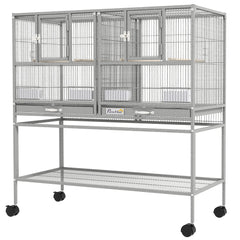 61"H Divided Breeder Bird Cage with Rolling Stand Removable Metal Tray, Storage Shelf, Wood Perch, and Food Container, Dark Grey