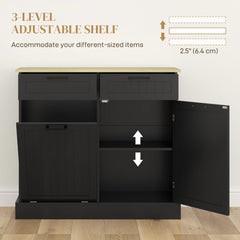 Hidden Garbage Bin Cabinet, Tilt Out Trash Cabinet w/ 2 Drawers, Freestanding Kitchen Island for Laundry, Black