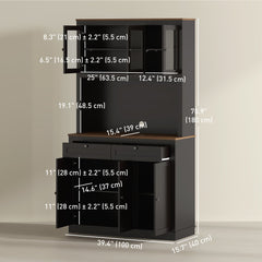 71" Pantry Cabinet with Microwave Space, Buffet with Hutch, 2 Drawers, Adjustable Shelves and Glass Doors, Blue