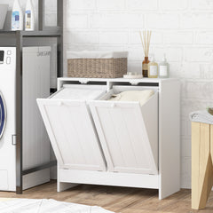 Tilt-Out Laundry Storage Cabinet, Modern Laundry Hamper with 2 Compartments for Bathroom Washroom, Black