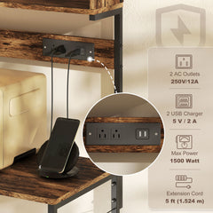 Baker's Rack with Charing Station, Microwave Shelf with Power Outlet, USB Charger and 5 Hooks, Black