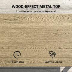 2-Tier Rectangle Outdoor Coffee Table, Patio Table with Wood-Effect Metal Top, Wicker Shelf for Garden, Backyard, Brown