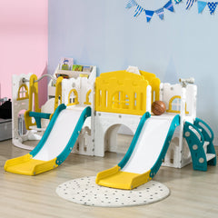 8 in 1 Slide and Swing Set, Toddler Slide Set with Basketball Hoop, Climber, Steering Wheel, for Aged 1-3 Years, Yellow