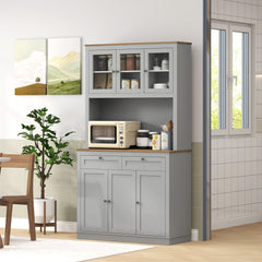71" Pantry Cabinet with Microwave Space, Buffet with Hutch, 2 Drawers, Adjustable Shelves and Glass Doors, Blue