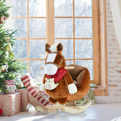 Baby Rocking Horse, Plush Animal Rocker for Toddlers Aged 18-36 Months, Stuffed Ride Toy with Hand Puppet, Sounds, Seat Belt, Brown