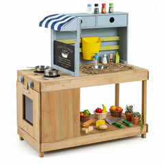 Fir Wood Kids Kitchen Playset with Canopy and Faucet-Natural