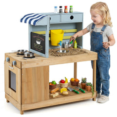 Fir Wood Kids Kitchen Playset with Canopy and Faucet-Natural
