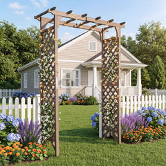 Flat Top Garden Arch with Gate 85 inches Tall Wood for Climbing Plants and Wedding-Brown