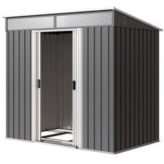 6.5x4FT Galvanised Metal Shed with Foundation Kit, Lockable Garden Tool Storage House with Sliding Doors, Vents, Grey