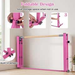 Foldable Gymnastics Bar for Kids with 3-Level Adjustable Heights-Pink