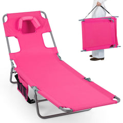 Folding Beach Lounge Chair with Adjustable Backrest for Lawn-Pink