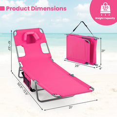 Folding Beach Lounge Chair with Adjustable Backrest for Lawn-Pink
