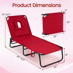 Folding Tanning Lounger with 4 Backrest Positions and Leg Support, Red