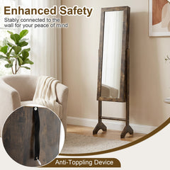 Freestanding Jewelry Armoire with Velvet Lining and Full Length Mirror-Brown