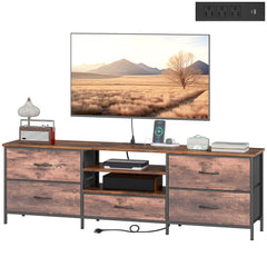 TV Stand for TVs up to 65 Inch, Industrial TV Console with Charging Station, 5 Drawers and Open Shelves, Rustic Brown