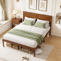 Full Size Farmhouse Wooden Platform Bed with Panelled Headboard, Brown Stain