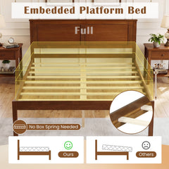 Full Size Farmhouse Wooden Platform Bed with Panelled Headboard, Brown Stain