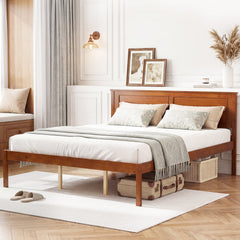 Queen Farmhouse Wooden Platform Bed with Panelled Headboard, Brown Stain
