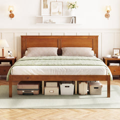 Queen Farmhouse Wooden Platform Bed with Panelled Headboard, Brown Stain