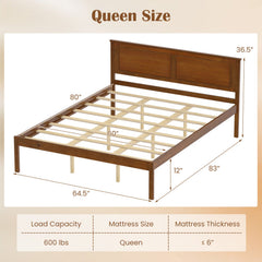 Queen Farmhouse Wooden Platform Bed with Panelled Headboard, Brown Stain