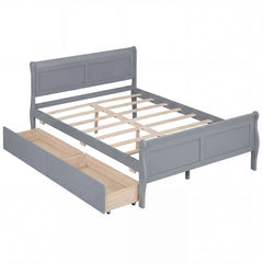 Full Size Sleigh Bed Frame with 2 Movable Storage Drawers and Curved Footboard, Grey