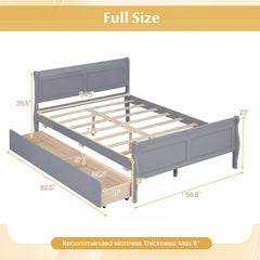 Full Size Sleigh Bed Frame with 2 Movable Storage Drawers and Curved Footboard, Grey