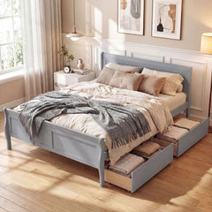 Full Size Sleigh Bed Frame with 2 Movable Storage Drawers and Curved Footboard, Grey