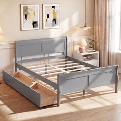 Full Size Sleigh Bed Frame with 2 Movable Storage Drawers and Curved Footboard, Grey