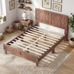 Full Size Mid Century Platform Bed with Woven Headboard and Footboard, 6.5 Inch Low Profile
